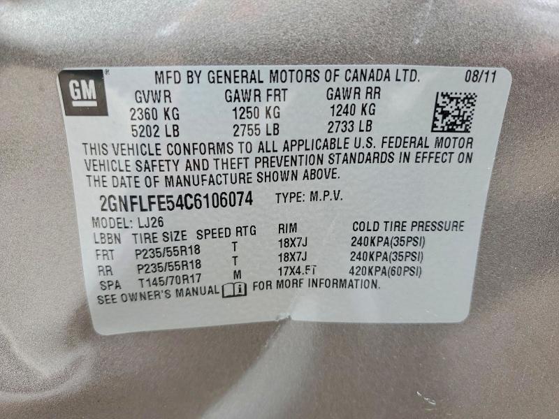 Aukcja sprzedaży 2012 Chevrolet Equinox, vin: 2GNFLFE54C6106074, numer aukcji: 54601926