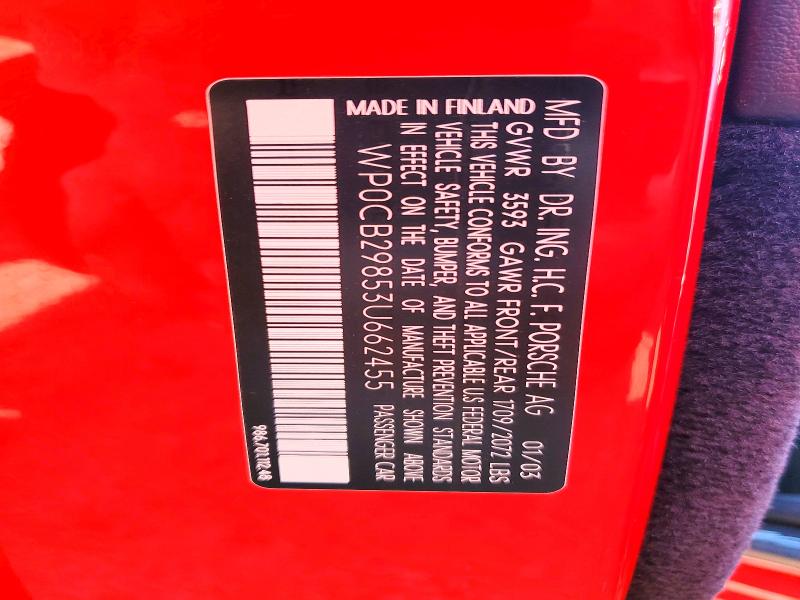 Aukcja sprzedaży 2003 Porsche Boxster, vin: WP0CB29853U662455, numer aukcji: 54332096