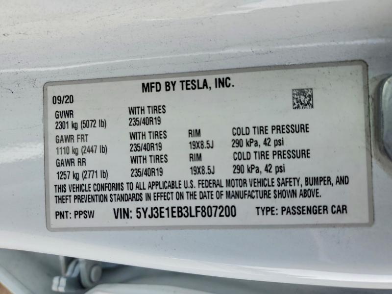 Aukcja sprzedaży 2020 Tesla Model 3, vin: 5YJ3E1EB3LF807200, numer aukcji: 51490286