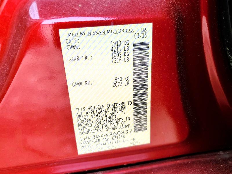 51443376 :رقم المزاد ، 1N4AL3APXFN860837 vin ، 2015 Nissan Altima مزاد بيع