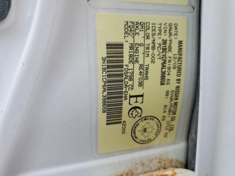 2010 Nissan Versa მანქანა იყიდება აუქციონზე, vin: 3N1BC1CP6AL398658, აუქციონის ნომერი: 53822886