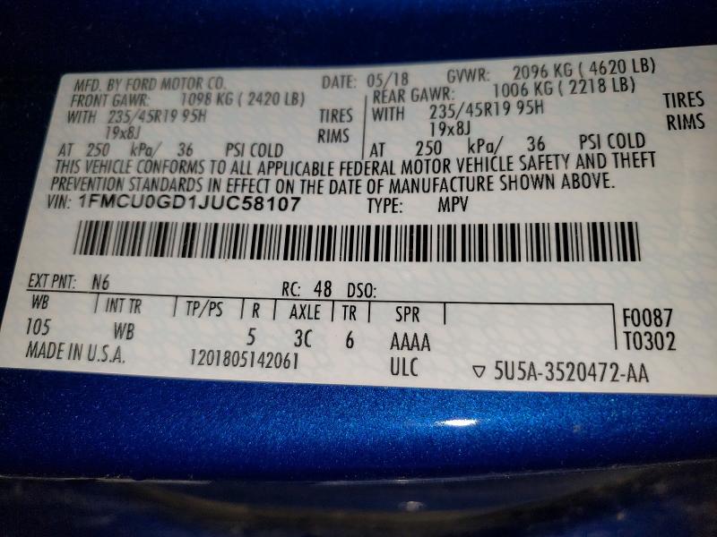 Продаж на аукціоні авто 2018 Ford Escape, vin: 1FMCU0GD1JUC58107, номер лоту: 52450566