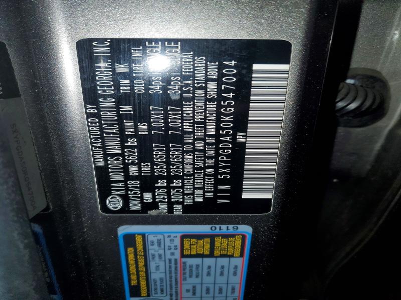 52624686 :رقم المزاد ، 5XYPGDA50KG547004 vin ، 2019 Kia Sorento مزاد بيع