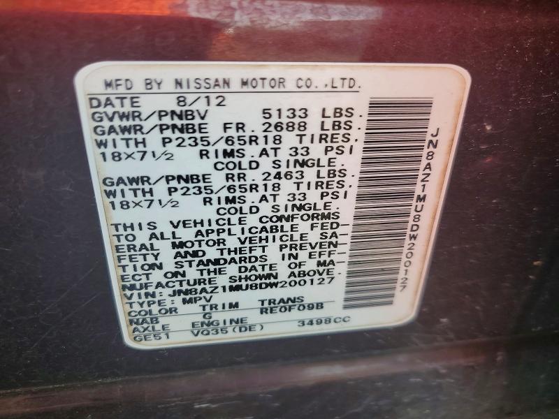 2013 Nissan Murano მანქანა იყიდება აუქციონზე, vin: JN8AZ1MU8DW200127, აუქციონის ნომერი: 54644076