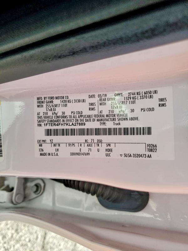 Продаж на аукціоні авто 2019 Ford Ranger, vin: 1FTER4FH7KLA27889, номер лоту: 52742316