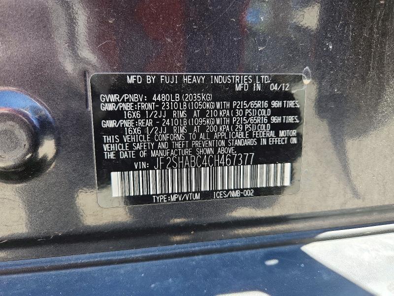 Aukcja sprzedaży 2012 Subaru Forester, vin: JF2SHABC4CH467377, numer aukcji: 54511486