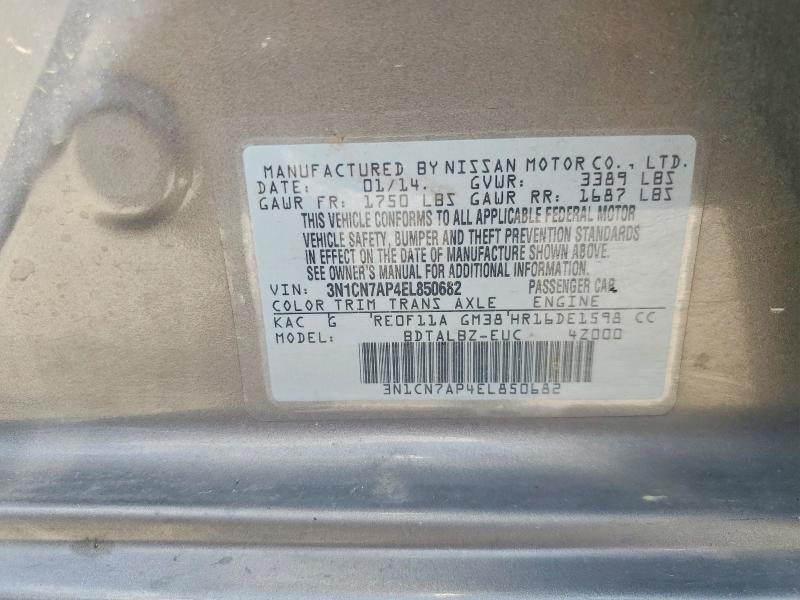 Продажа на аукционе авто 2014 Nissan Versa, vin: 3N1CN7AP4EL850682, номер лота: 54156266