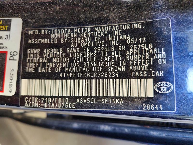 54753826 :رقم المزاد ، 4T4BF1FK6CR228234 vin ، 2012 Toyota Camry مزاد بيع