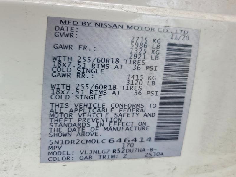 Продажа на аукционе авто 2020 Nissan Pathfinder, vin: 5N1DR2CM0LC646414, номер лота: 54790076