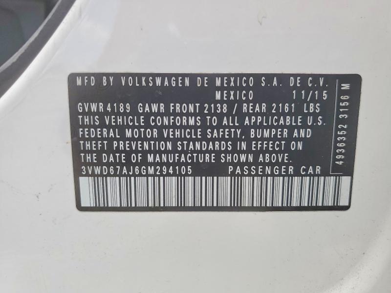 2016 Volkswagen Jetta მანქანა იყიდება აუქციონზე, vin: 3VWD67AJ6GM294105, აუქციონის ნომერი: 54249056