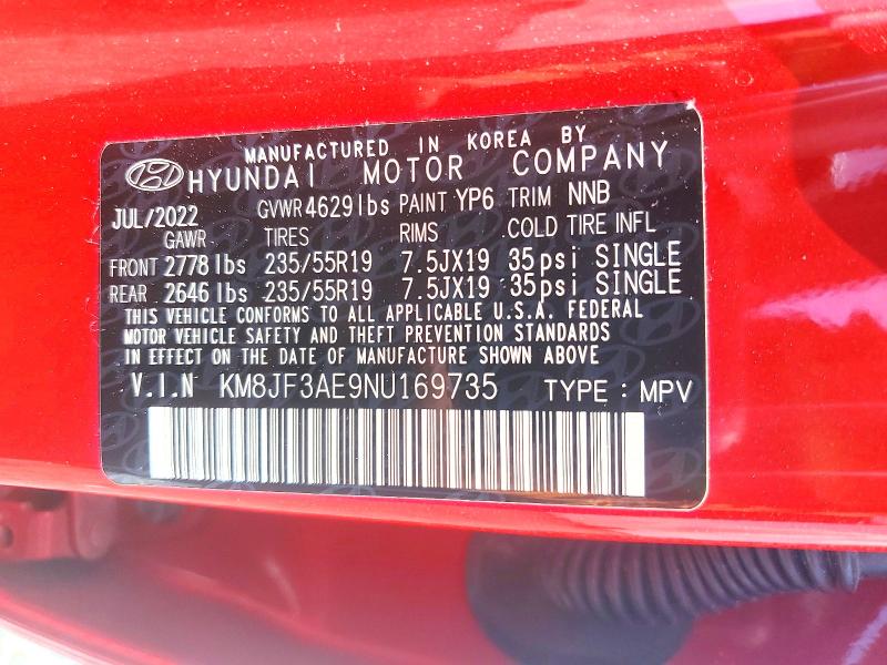 54782066 :رقم المزاد ، KM8JF3AE9NU169735 vin ، 2022 Hyundai Tucson مزاد بيع