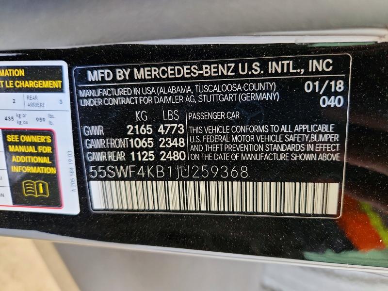 54988346 :رقم المزاد ، 55SWF4KB1JU259368 vin ، 2018 Mercedes-benz C مزاد بيع