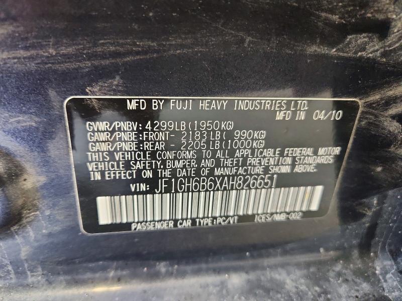 Auction sale of the 2010 Subaru Impreza, vin: JF1GH6B6XAH826651, lot number: 53604996