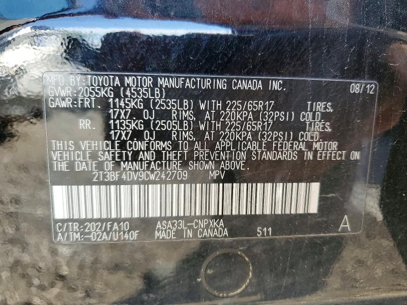 Продажа на аукционе авто 2012 Toyota Rav4, vin: 2T3BF4DV9CW242709, номер лота: 55277006