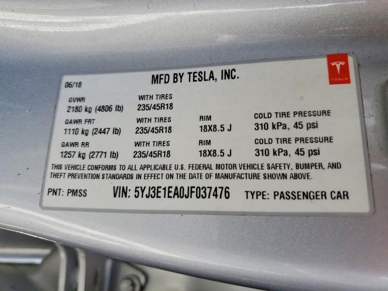 Продажа на аукционе авто 2018 Tesla Model 3, vin: 5YJ3E1EA0JF037476, номер лота: 54125266