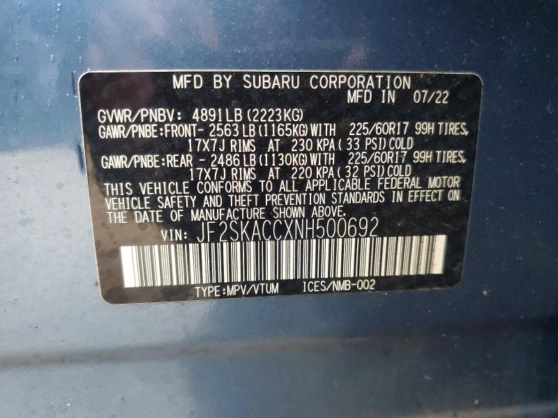Aukcja sprzedaży 2022 Subaru Forester, vin: JF2SKACCXNH500692, numer aukcji: 53287546