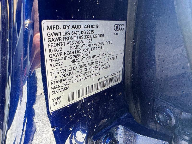 Aukcja sprzedaży 2019 Audi Q8, vin: WA1FVAF18KD029107, numer aukcji: 54903276