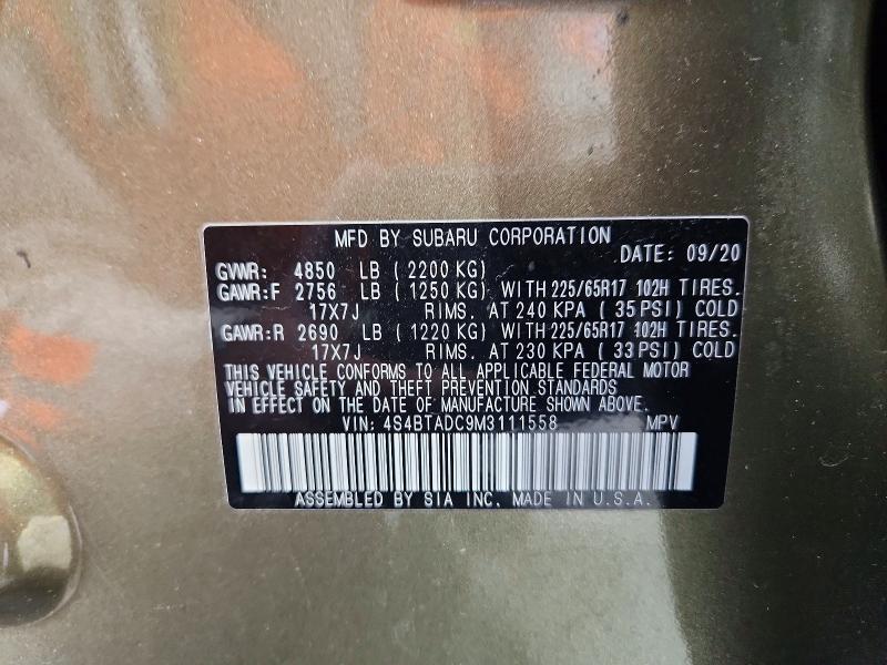 2021 Subaru Outback მანქანა იყიდება აუქციონზე, vin: 4S4BTADC9M3111558, აუქციონის ნომერი: 54257006