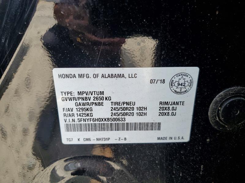 54213176 :رقم المزاد ، 5FNYF6H0XKB500633 vin ، 2019 Honda Pilot مزاد بيع