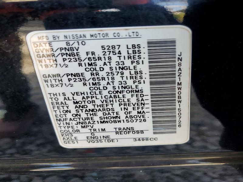 2011 Nissan Murano მანქანა იყიდება აუქციონზე, vin: JN8AZ1MW0BW150726, აუქციონის ნომერი: 54730516