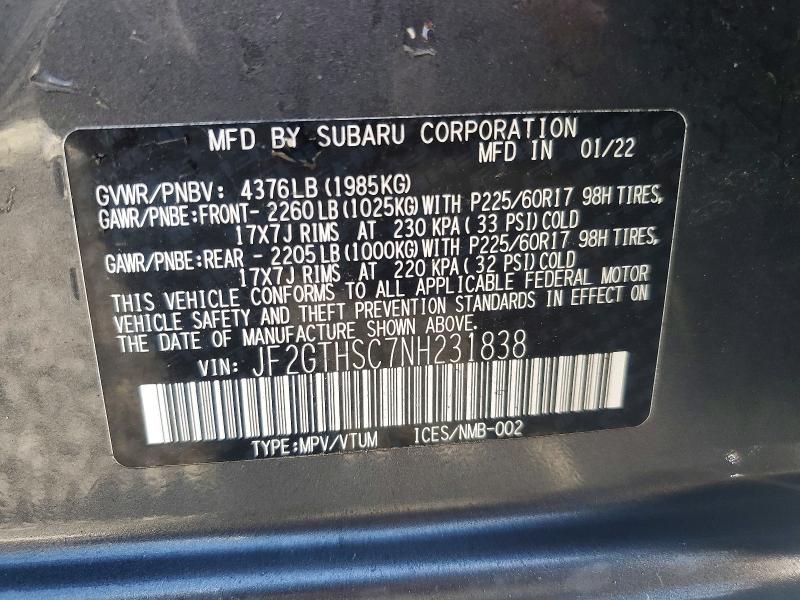 Продажа на аукционе авто 2022 Subaru Crosstrek, vin: JF2GTHSC7NH231838, номер лота: 51772436