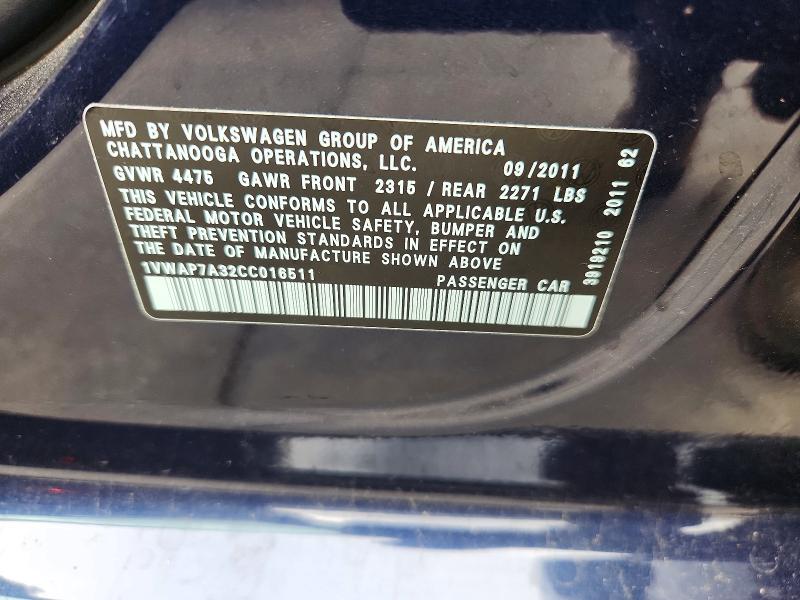Aukcja sprzedaży 2012 Volkswagen Passat, vin: 1VWAP7A32CC016511, numer aukcji: 54150286