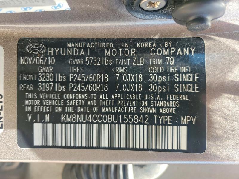 2011 Hyundai Veracruz მანქანა იყიდება აუქციონზე, vin: KM8NU4CC0BU155842, აუქციონის ნომერი: 54449286