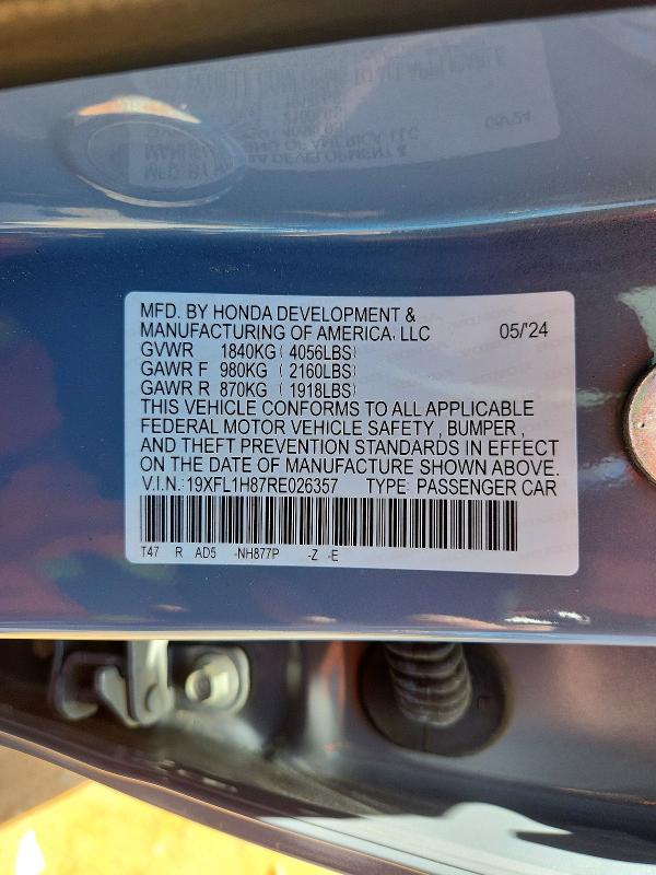 2024 Honda Civic მანქანა იყიდება აუქციონზე, vin: 19XFL1H87RE026357, აუქციონის ნომერი: 53470246