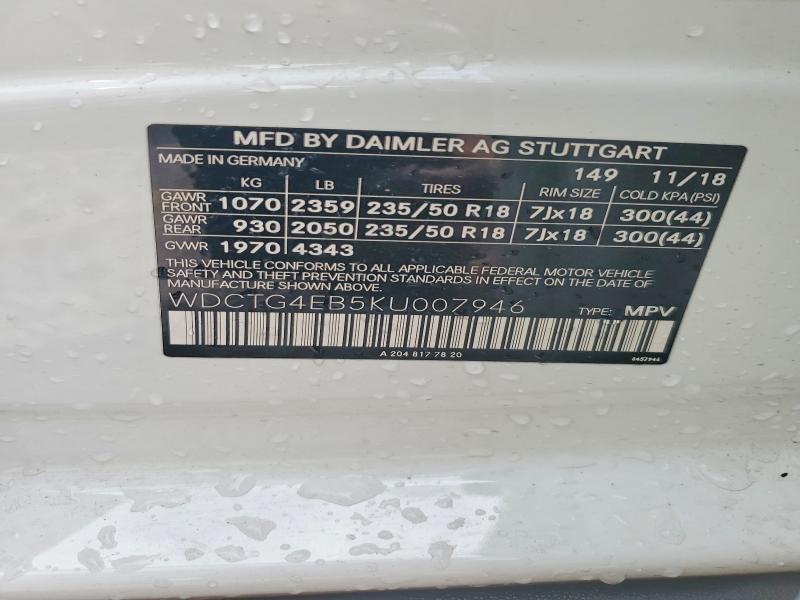 2019 Mercedes-benz Gla მანქანა იყიდება აუქციონზე, vin: WDCTG4EB5KU007946, აუქციონის ნომერი: 54972746
