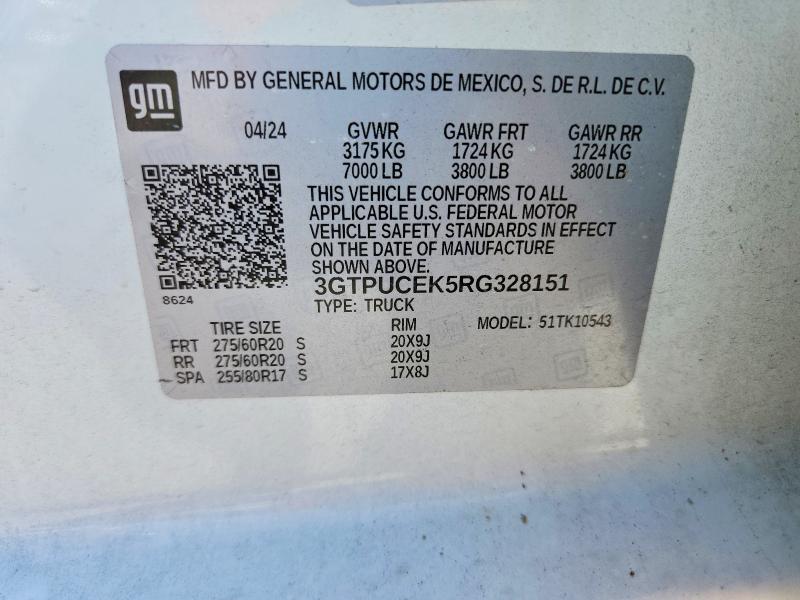 Продаж на аукціоні авто 2024 Gmc Sierra, vin: 3GTPUCEK5RG328151, номер лоту: 53358416