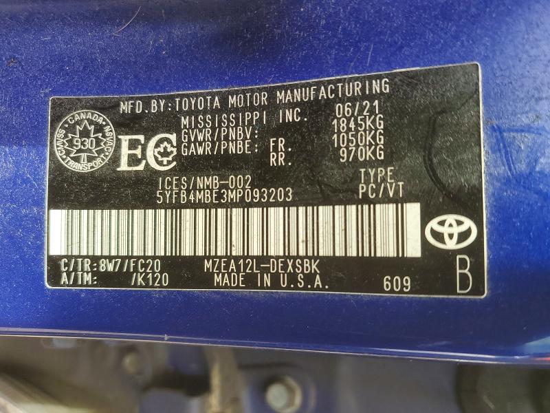 Продаж на аукціоні авто 2021 Toyota Corolla, vin: 5YFB4MBE3MP093203, номер лоту: 53058596