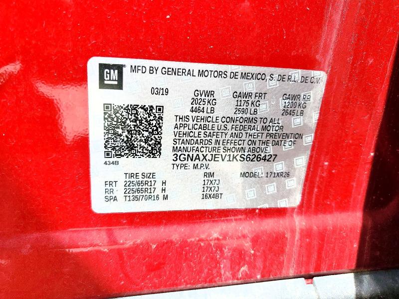 54141266 :رقم المزاد ، 3GNAXJEV1KS626427 vin ، 2019 Chevrolet Equinox مزاد بيع