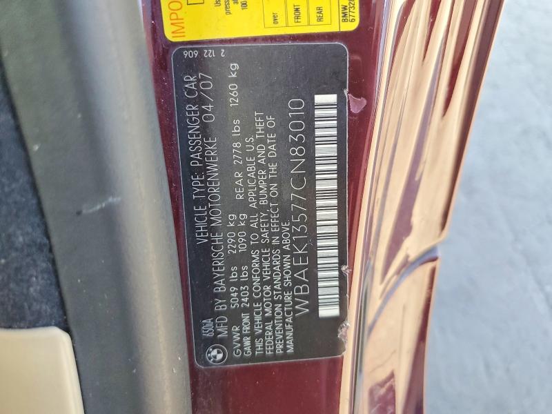 52440176 :رقم المزاد ، WBAEK13577CN83010 vin ، 2007 Bmw 650 مزاد بيع