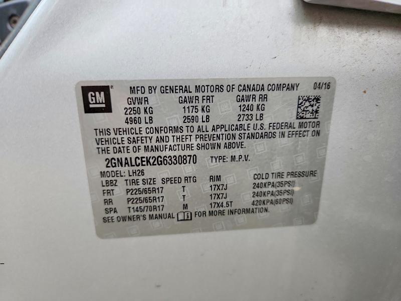 51770876 :رقم المزاد ، 2GNALCEK2G6330870 vin ، 2016 Chevrolet Equinox مزاد بيع