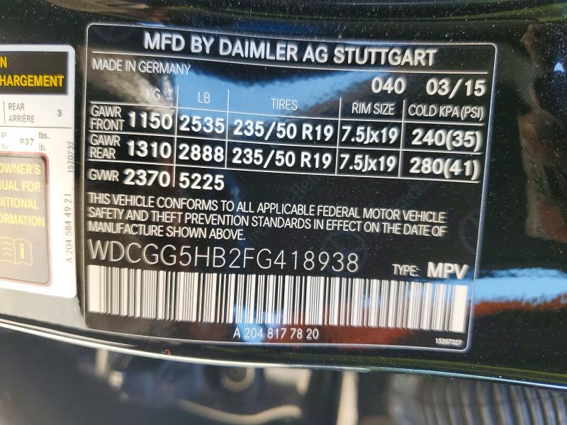 53701766 :رقم المزاد ، WDCGG5HB2FG418938 vin ، 2015 Mercedes-benz Glk مزاد بيع