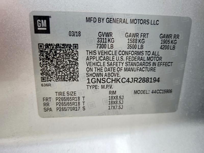 53568796 :رقم المزاد ، 1GNSCHKC4JR288194 vin ، 2018 Chevrolet Suburban مزاد بيع