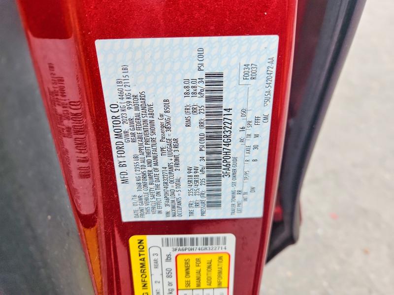 54335086 :رقم المزاد ، 3FA6P0H74GR322714 vin ، 2016 Ford Fusion مزاد بيع