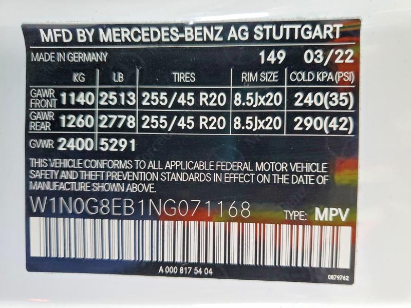 2022 Mercedes-benz Glc მანქანა იყიდება აუქციონზე, vin: W1N0G8EB1NG071168, აუქციონის ნომერი: 54671256