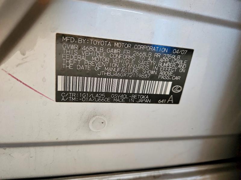 Продаж на аукціоні авто 2007 Lexus Es, vin: JTHBJ46GX72119687, номер лоту: 55314266