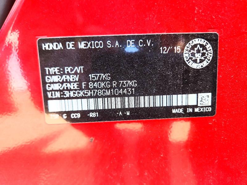 52776416 :رقم المزاد ، 3HGGK5H78GM104431 vin ، 2016 Honda Fit مزاد بيع