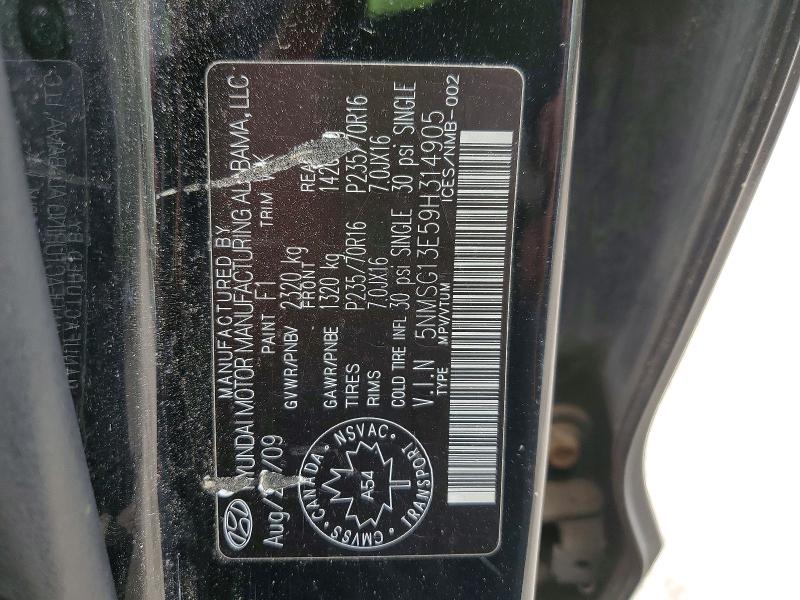 2009 Hyundai Santa Fe მანქანა იყიდება აუქციონზე, vin: 5NMSG13E59H314905, აუქციონის ნომერი: 53072146