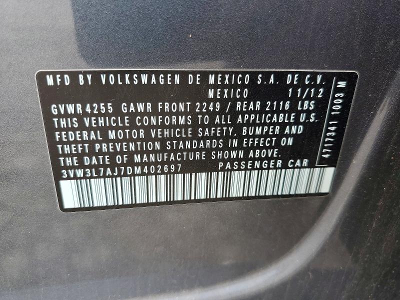 2013 Volkswagen Jetta მანქანა იყიდება აუქციონზე, vin: 3VW3L7AJ7DM402697, აუქციონის ნომერი: 53156236