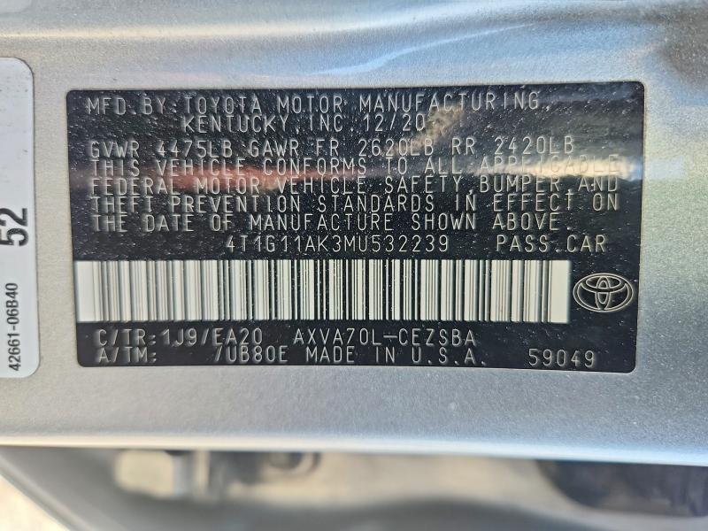 Aukcja sprzedaży 2021 Toyota Camry, vin: 4T1G11AK3MU532239, numer aukcji: 55195806