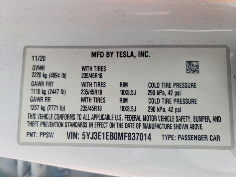 Aukcja sprzedaży 2021 Tesla Model 3, vin: 5YJ3E1EB0MF837014, numer aukcji: 53233196