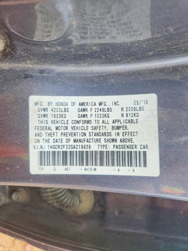 2016 Honda Accord მანქანა იყიდება აუქციონზე, vin: 1HGCR2F32GA219838, აუქციონის ნომერი: 54699256