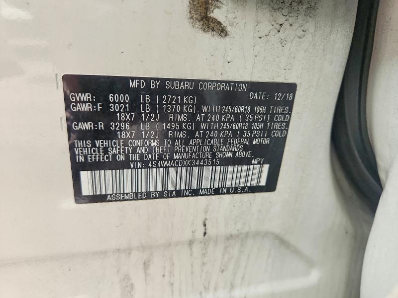 Aukcja sprzedaży 2019 Subaru Ascent, vin: 4S4WMACDXK3443515, numer aukcji: 51460716