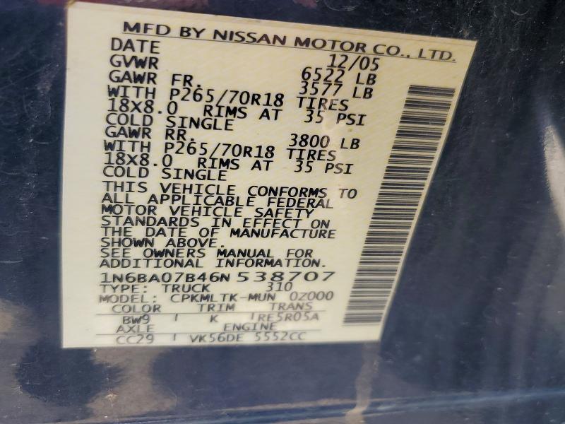 Aukcja sprzedaży 2006 Nissan Titan, vin: 1N6BA07B46N538707, numer aukcji: 54156466