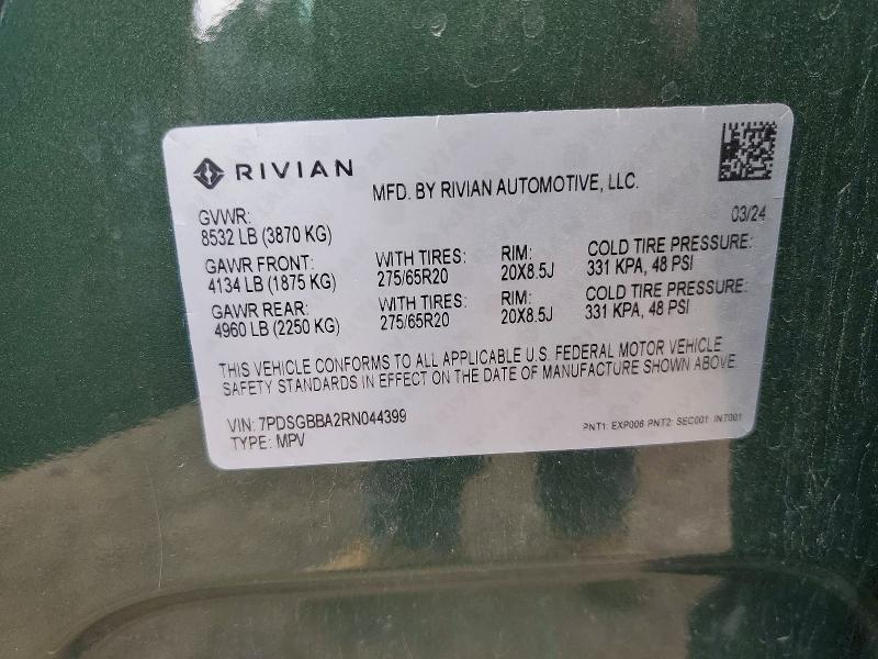 Aukcja sprzedaży 2024 Rivian R1s, vin: 7PDSGBBA2RN044399, numer aukcji: 54449436