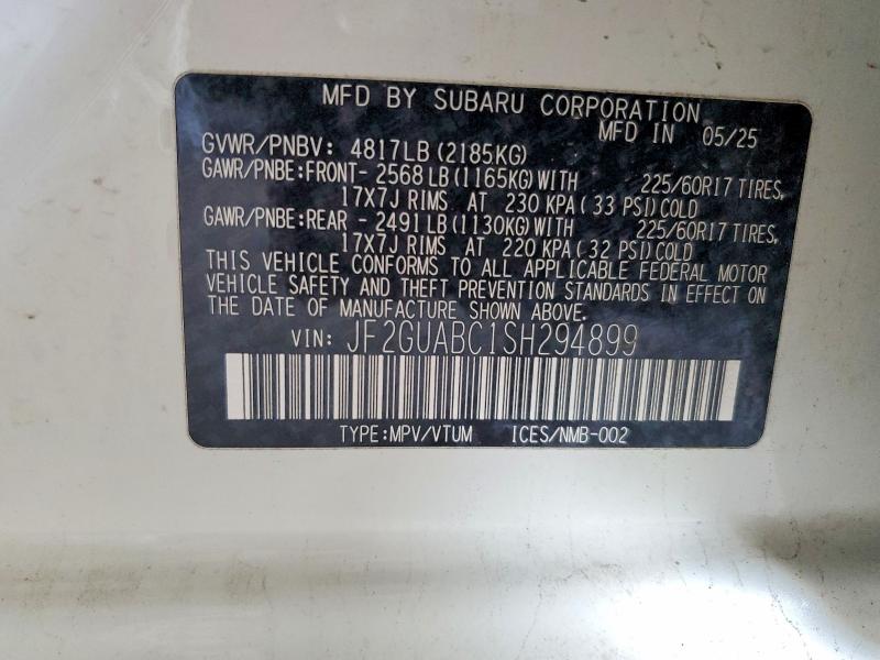 2025 Subaru Crosstrek მანქანა იყიდება აუქციონზე, vin: JF2GUABC1SH294899, აუქციონის ნომერი: 52572396