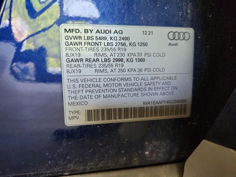 Aukcja sprzedaży 2022 Audi Q5, vin: WA1EAAFY4N2046992, numer aukcji: 53940286
